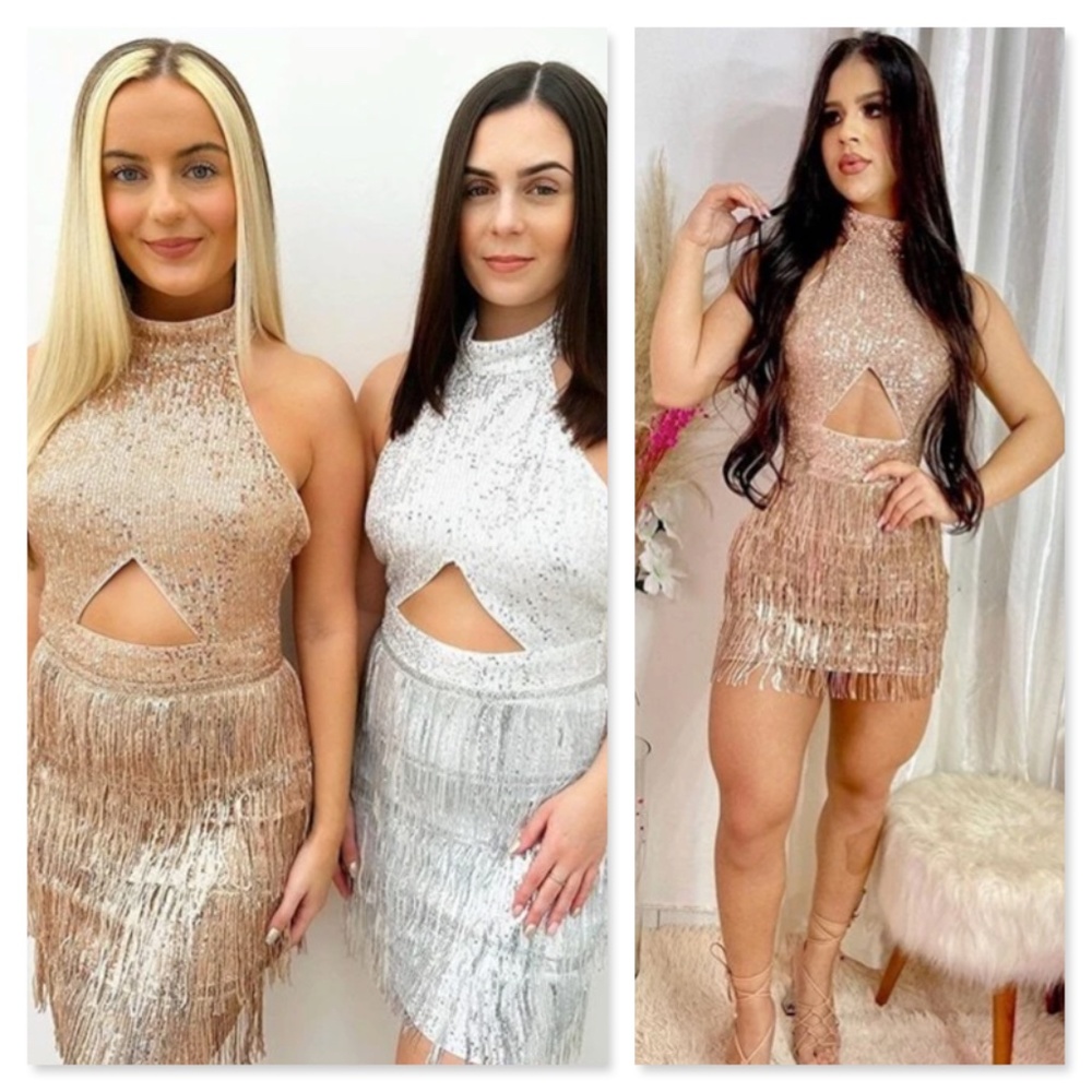 Rosegold Tan Champagne Sequined Tassel Cut Out Mini Short Dress Halter Neck - Picture 7 of 8